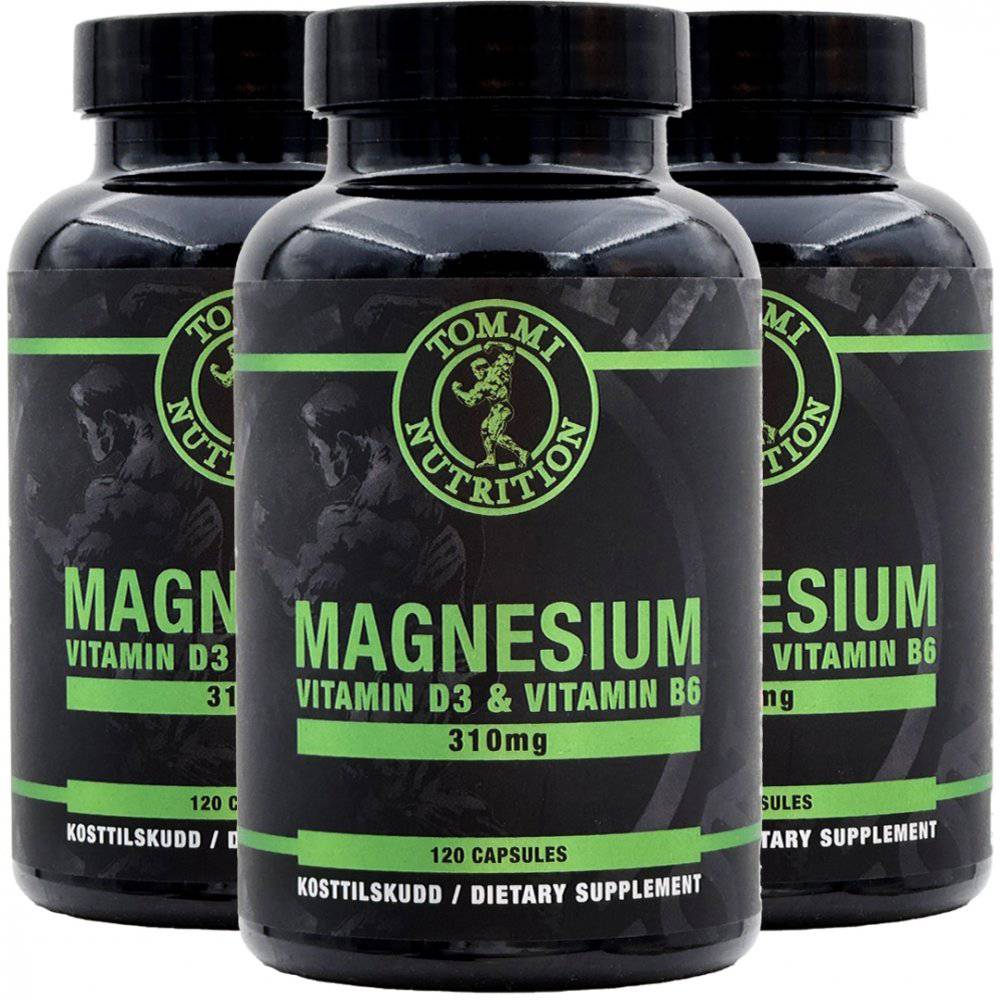 3 x Magnesium 310mg, Vitamin D3 & Vitamin B6, 120 kapsler - TN - Tommi Nutrition - hos Tommi Nutrition