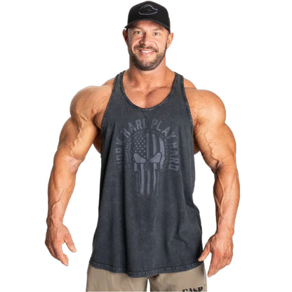 Skull T-Back Tank Top – Washed Black – GASP