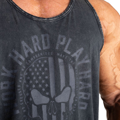 Skull T-Back Tank Top – Washed Black – GASP